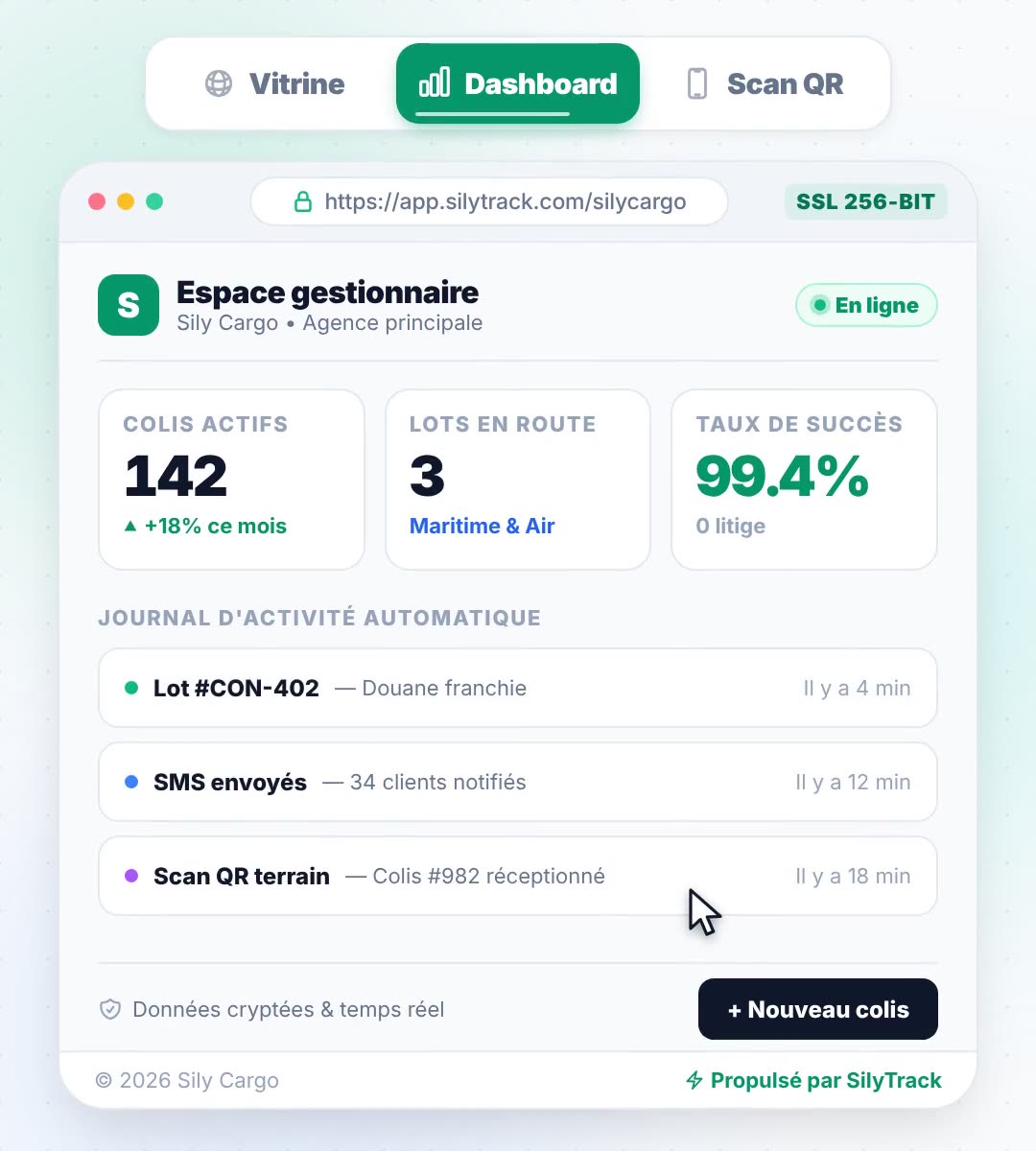 Démo SilyTrack : vitrine de l'agence, dashboard et scan QR des colis